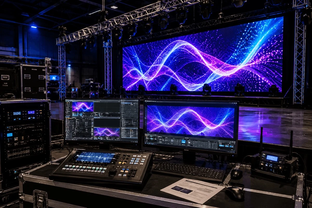 LED screen control desk facing a large event display